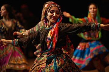 A multicultural dance performance with traditional costumes