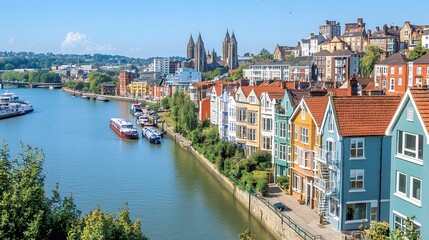 Obraz premium Scenic riverside view featuring colorful houses and lush greenery under a clear blue sky.