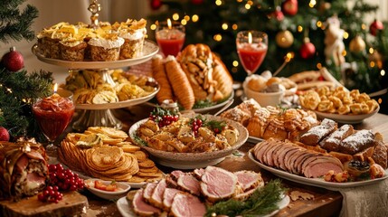 Lavish Christmas buffet with a variety of holiday foods