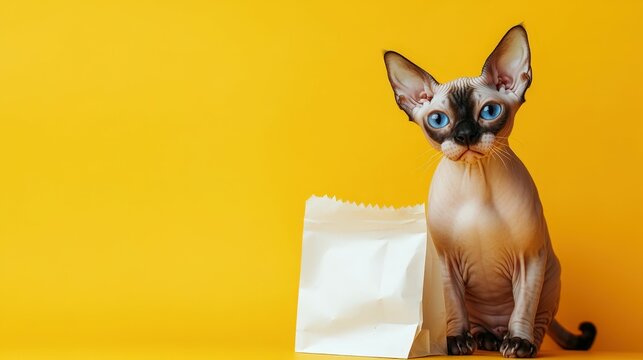 Curious sphynx cat with blue eyes in front of yellow background