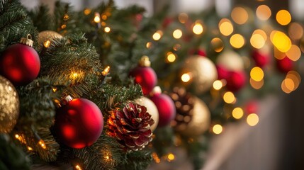 Obraz premium Festive Christmas garlands with glowing lights and ornaments, symbolizing happiness and new beginnings in the holiday season.