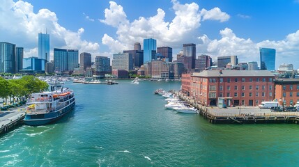 Fototapeta premium Vibrant cityscape of Boston waterfront with boats and blue sky.
