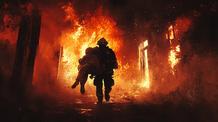 Fototapeta premium A firefighter rescuing a victim from a burning building amidst intense flames and smoke, showcasing bravery in a life-threatening situation.