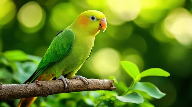 Vibrant green parrot perched on tree branch
