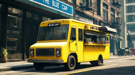 Obraz premium yellow food truck parked on city street