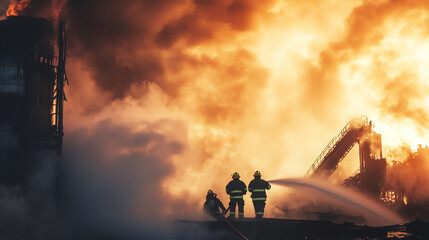 Firefighters battling a large blaze, showcasing bravery and teamwork in the face of danger, with intense flames and smoke in the background.