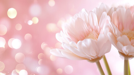 Fototapeta premium Two gentle flowers emerge prominently in soft pastels, surrounded by a dreamy, blurred pink background that radiates warmth and calm, inviting a sense of peace and beauty