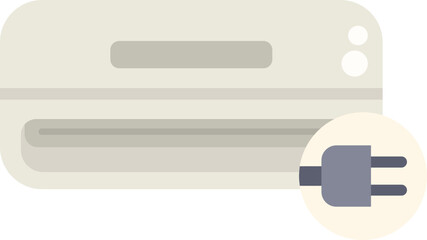 Simple modern air conditioner operating, with plug icon showing electricity consumption