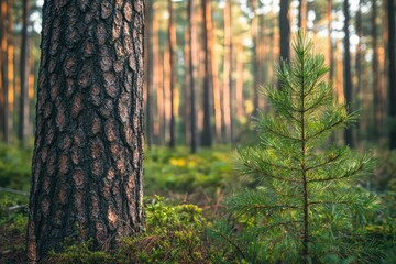 Obraz premium Young Pine Tree Growing in a Forest