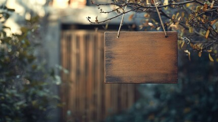 Blank wooden sign hanging on tree branch