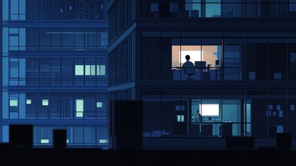 Obraz premium A person working late in an office building surrounded by city lights during the night