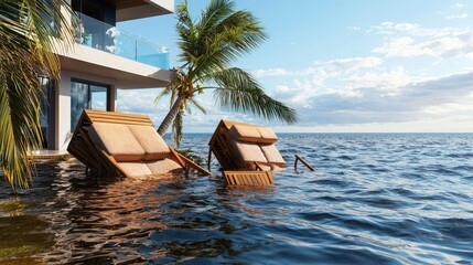 Obraz premium Flooded Beach House with Floating Lounge Chairs