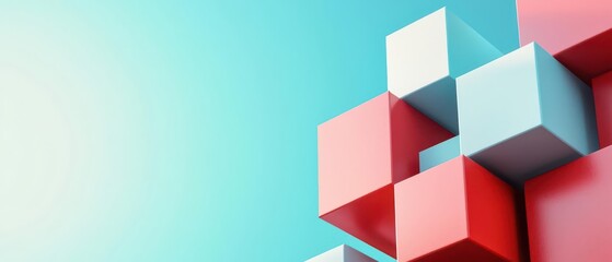 Vibrant abstract composition with colorful 3D cubes in red and blue against a light background, ideal for modern design.