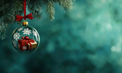 A Christmas ornament holds a gift inside for the holidays. This image of a Christmas ornament hanging from a pine tree branch is perfect for your holiday project needs.