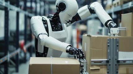 A humanoid robot carefully handling a package in a modern industrial or warehouse environment, illustrating advancements in robotics and automation for logistics and manufacturing