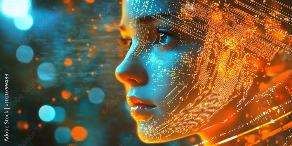 Poster futuristic digital face with circuit board patterns