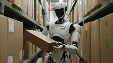 A humanoid robot carefully handling a package in a modern industrial or warehouse environment, illustrating advancements in robotics and automation for logistics and manufacturing