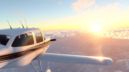 Obraz premium A serene sunset view from an aircraft above fluffy clouds, showcasing the beauty of aerial landscapes.