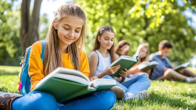 A cheerful group of children sits on grass, engrossed in reading books on a sunny day, surrounded by trees and nature.