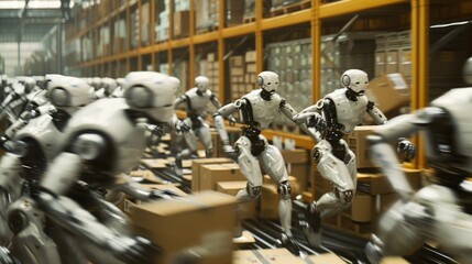 Obraz premium A futuristic warehouse filled with robots swiftly organizing and sorting boxes. A high-speed automated process demonstrating advanced robotics in logistics and fulfillment