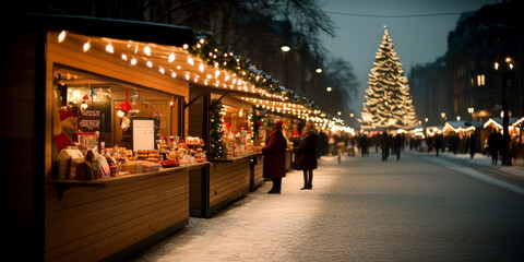 Obraz premium Shoppers Enjoying a Cozy Night at a Christmas Market