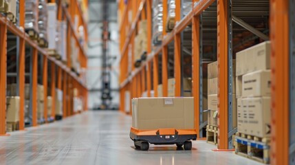 An autonomous robot transports a box through a modern warehouse, showcasing advanced automation and robotics in logistics and warehouse management