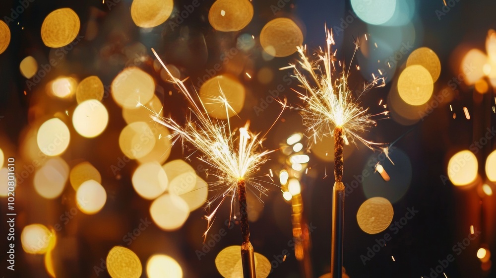 Poster sparkling sparklers with golden bokeh lights in the background