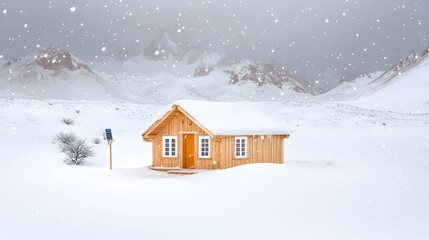Fototapeta premium A cozy wooden cabin stands alone in a snowy landscape, surrounded by a serene winter scene with falling snowflakes and distant mountains.