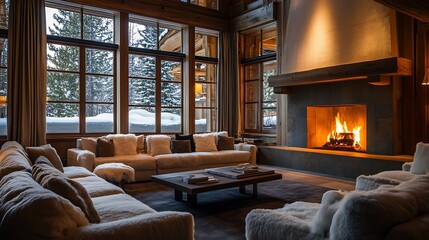Cozy living room with fireplace and snowy winter view