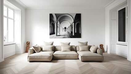 White sofa on wooden parquet. Minimalist, scandinavian home interior design of modern living room