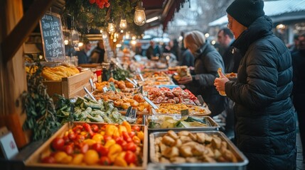 Food Stall at a European Christmas Market with a Customer in Line