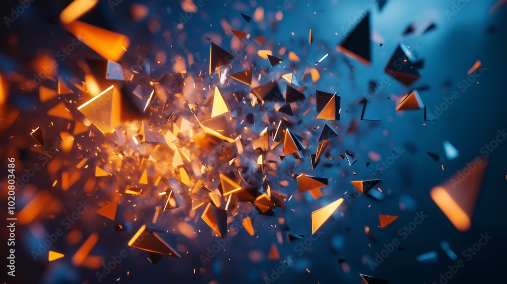 Poster dynamic explosion of geometric shapes creating a vivid visual effect with bright colors and contrast