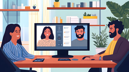Four diverse business people and colleagues participating in a virtual team meeting on a video conference call. Social distance workers having a remote videoconference online chat. 