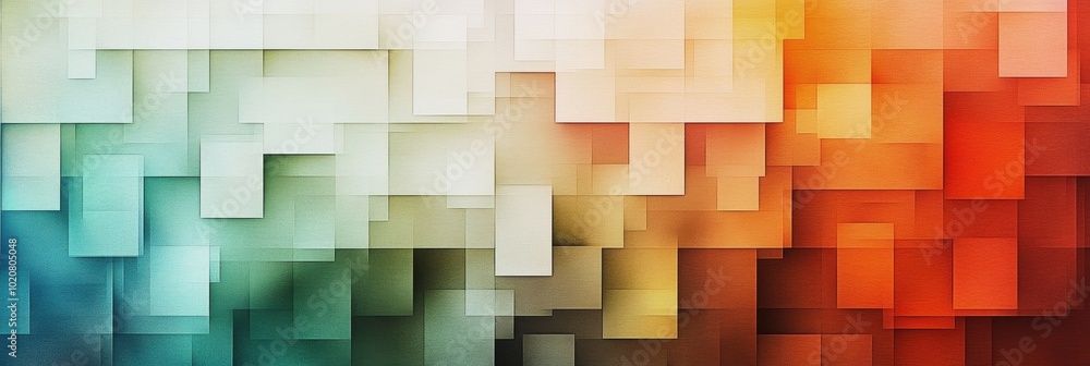Poster colorful abstract mosaic, overlapping squares and rectangles in vibrant gradients, creating a dynami