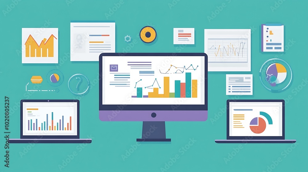 Poster desk with a computer, laptops, and data visualizations