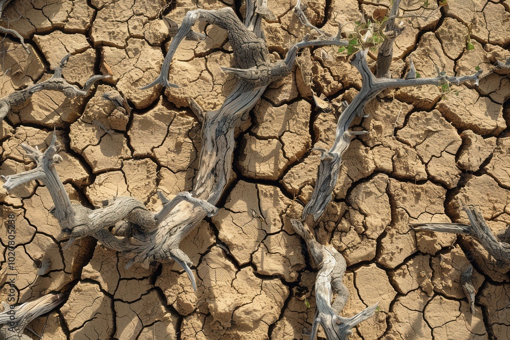 Aufkleber dead trees lie on parched, cracked earth, representing the devastating effects of drought and the ur
