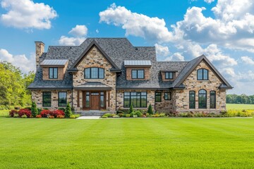 Stone-Faced Suburban Home with Green Lawn and Blue Sky