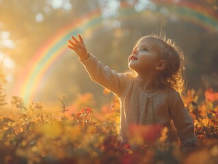 Child Reaching for a Rainbow in a Whimsical Setting
