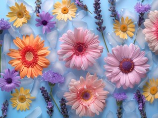 Floral arrangement of vibrant flowers with lavender, daisies, and gerbera on a blue background, showcasing nature s beauty and tranquility Perfect for spring themes
