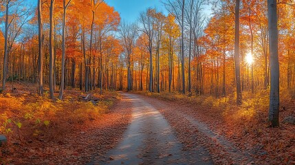 Obraz premium Sunlit Path Through Autumn Forest with Golden Leaves