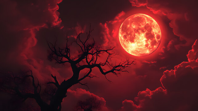 Red Moon Silhouette: A full red moon silhouetted against high pine trees in a night sky.