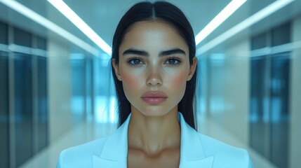 Obraz premium Portrait of a young woman with dark hair and brown eyes in a modern, sleek hallway