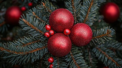 Above view on pine tree branches with Christmas fairy lights and red baubles