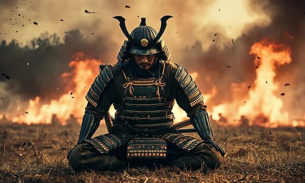 samurai warrior with sword and helmet on fire background