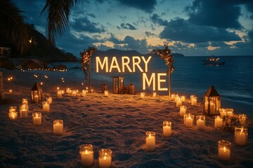 Romantic beach proposal with 'marry me' sign and candles
