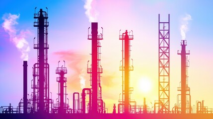 Obraz premium Silhouette of Oil Refinery at Sunset with Smoke Plumes