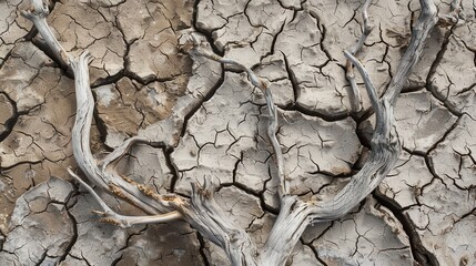 Dry, cracked soil surrounds lifeless tree branches, showcasing the dire consequences of water scarcity and environmental neglect. Generative AI