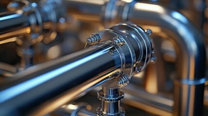 Fototapeta premium Close-up shot of shiny pipes. This image is great for a website or ad related to industrial engineering, manufacturing, or plumbing.