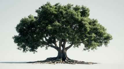 A broad tree with a thick trunk, large green canopy, and wide-reaching roots, isolated against a neutral background