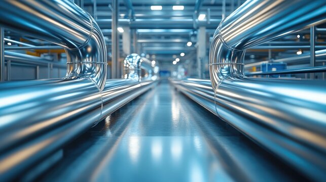 Industrial pipes in a factory. This photo is perfect for representing themes of manufacturing, engineering, and technology.